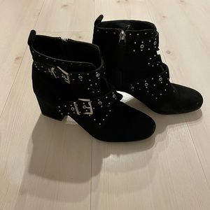Rebecca Minkoff Black Suede Studded Buckle Ankle Boots